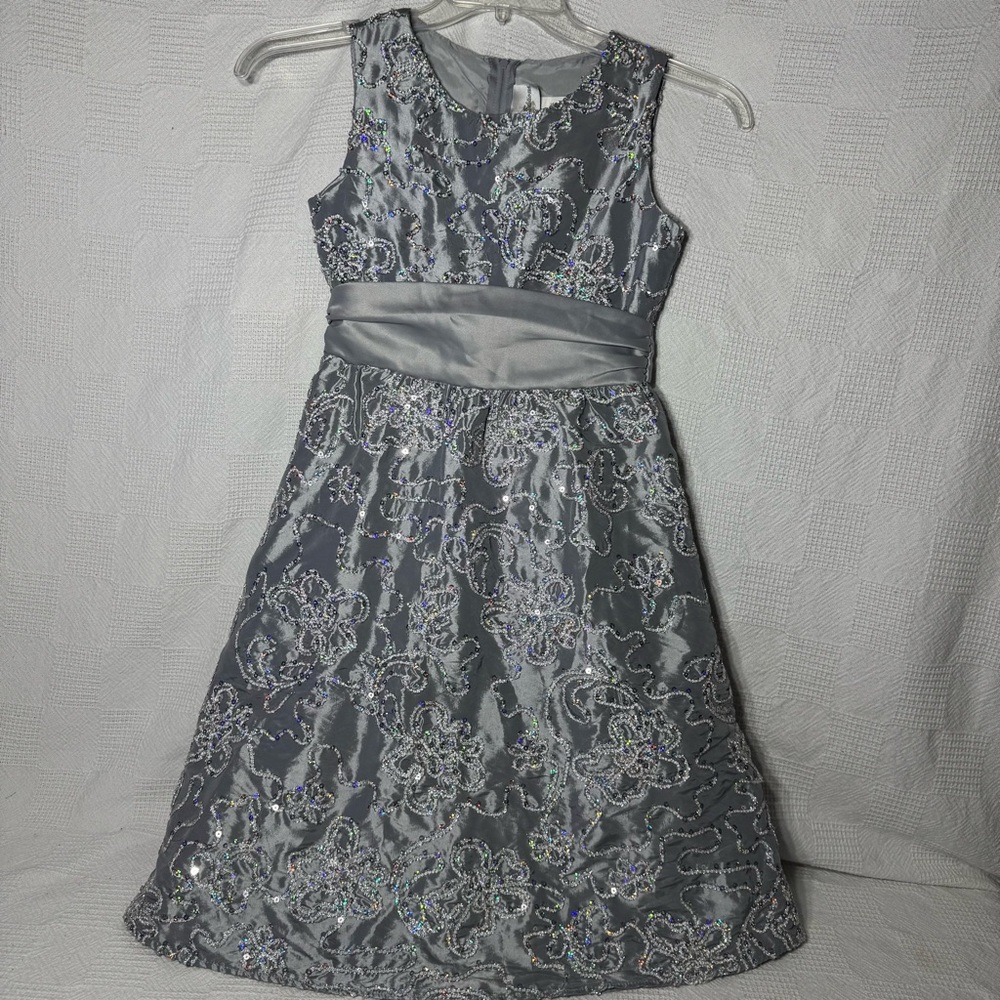 Rare Editions Silver Gray Floral Pattern Sequin Party Dress Girls Sz 12 Wedding